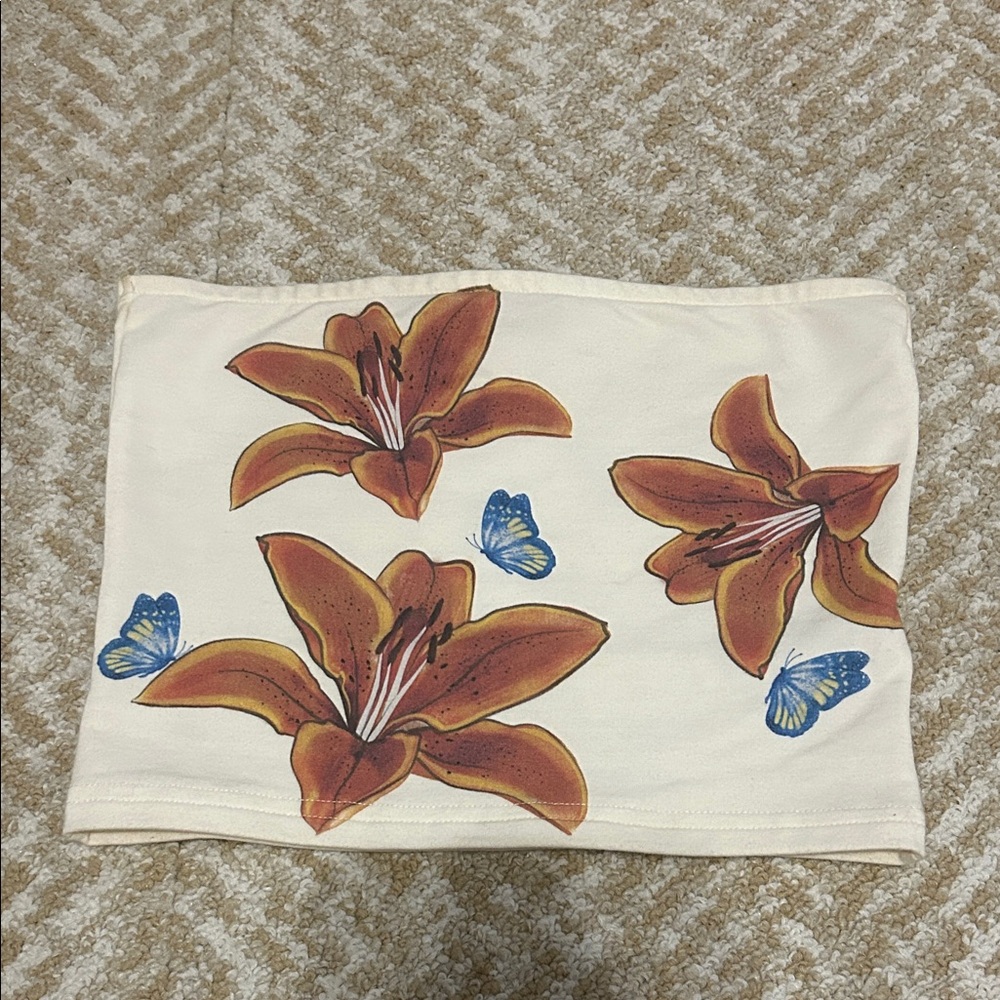 Edikted Cream Crop Top with Floral and Butterfly Design